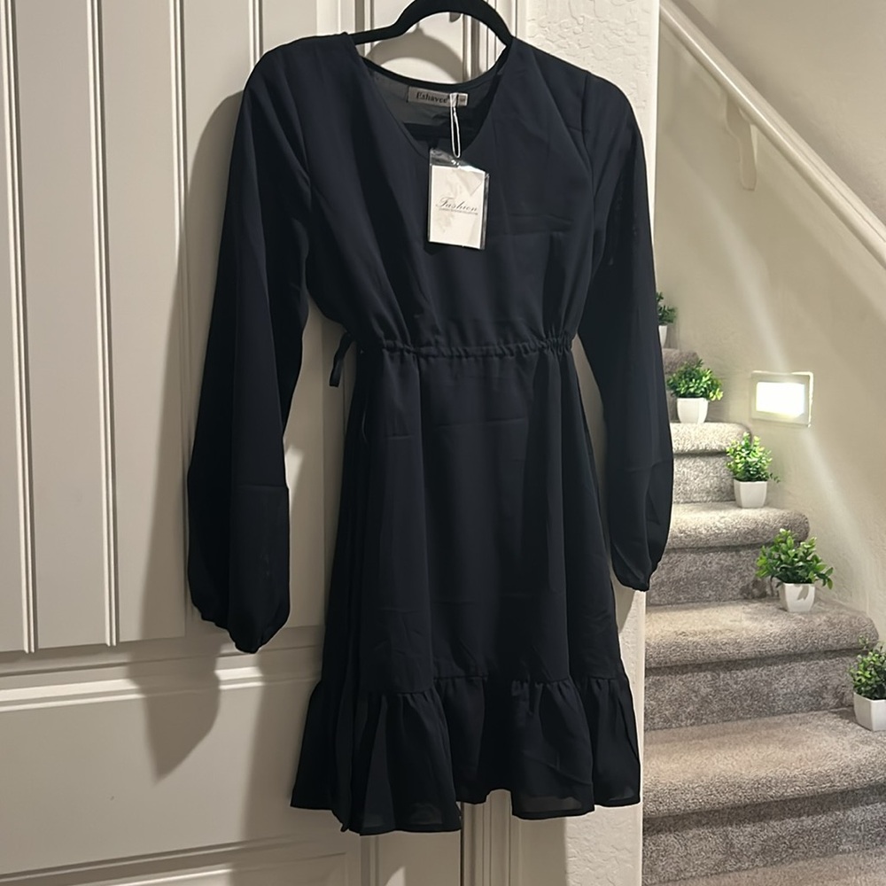 Womens Round Neck Long Bubble Sleeve Textured Casual Summer Babydoll Short Dress - Picture 3 of 4
